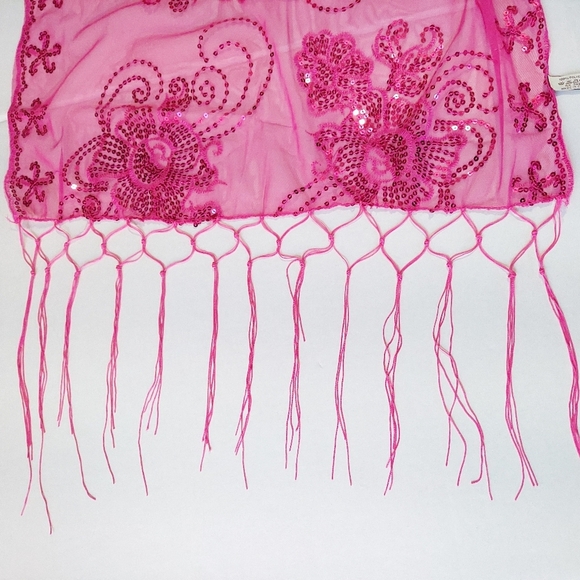Womens Pink Mesh Sequin Metallic Party Prom Wedding Shawl Scarf With Fringe - Picture 8 of 11